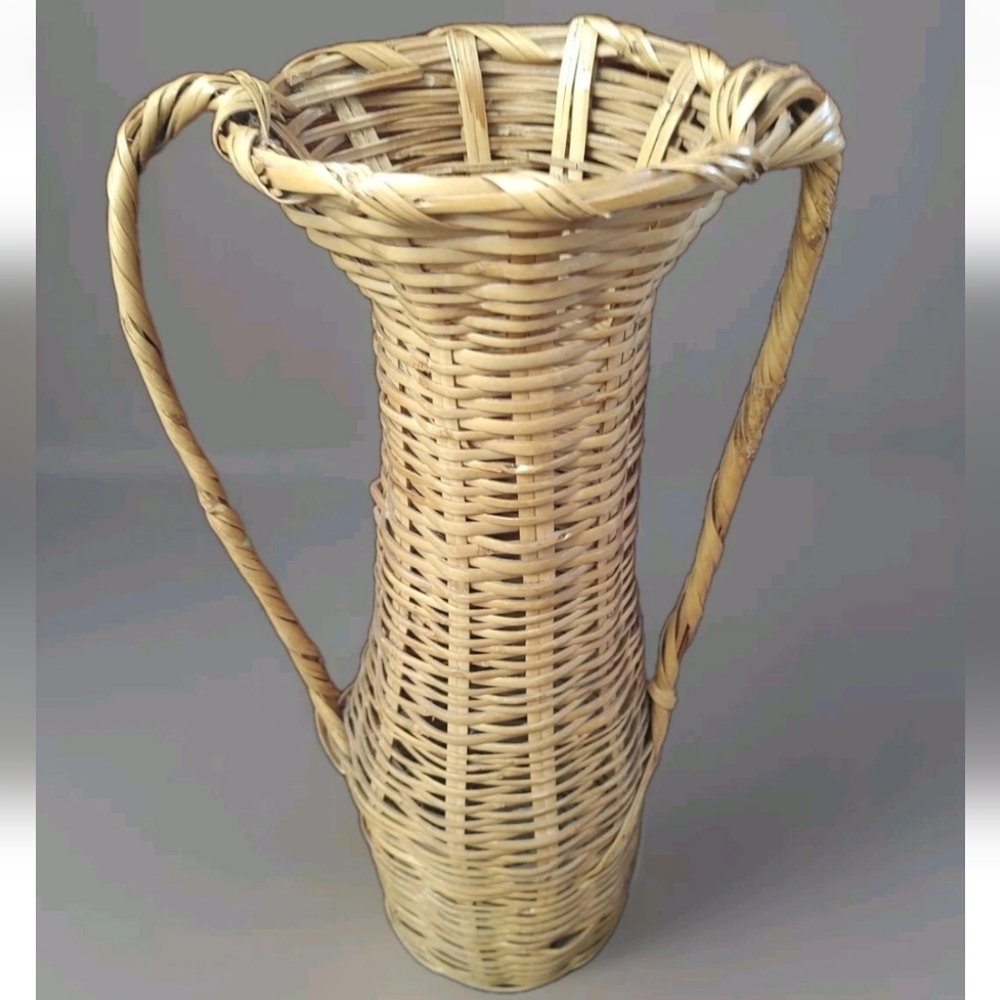 Tall Vtg Wicker RattanVase Boho 60’s/70’s 2 Handle Basket 19”X 6" Cottage Core